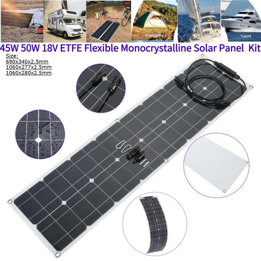 45W 50W 18V ETFE Flexible Monocrystalline Solar Panel Solar Cable Cell Battery System Kit for Marine Camping Boat RV Charging