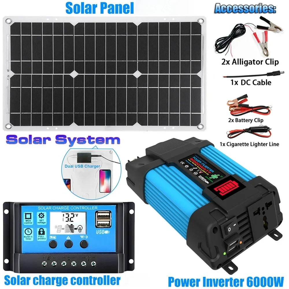 600W Solar Panel with 6000W Inverter 12V to 110V 220V Power Generation System for Home Car Outdoor Mobile Phone Charging USB