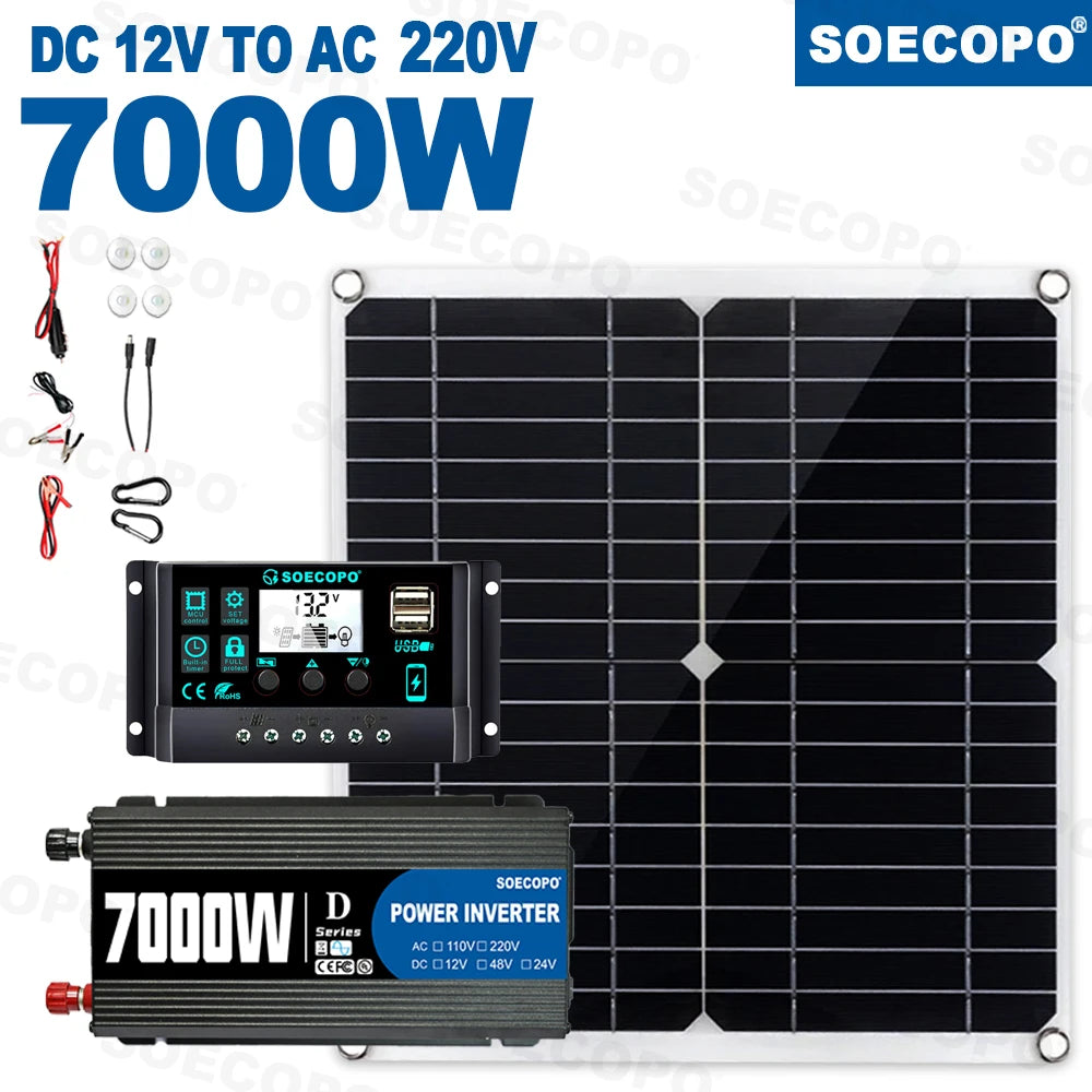 7000W Inverter Kit 12V 110V220V 300W Solar Panel 100A Controller & Battery Charger for Shed/Lighting/Camping, Easy Installation