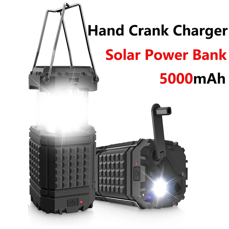 Waterproof Solar Power Bank 5000mAh with Hand Crank LED Camping Light Portable Charger Powerbank for iPhone 17 16 Samsung Xiaomi