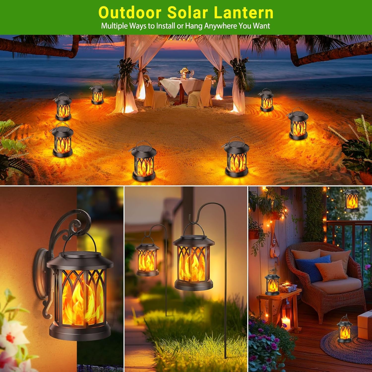 Hanging Solar Lights Lantern Outdoor, Flickering Flames Solar Outdoor Lights, Solar Lanterns Outdoor Waterproof with Bigger Panel, Lanterns Decorative Outdoor for Yard Garden Decor, 2 Pack