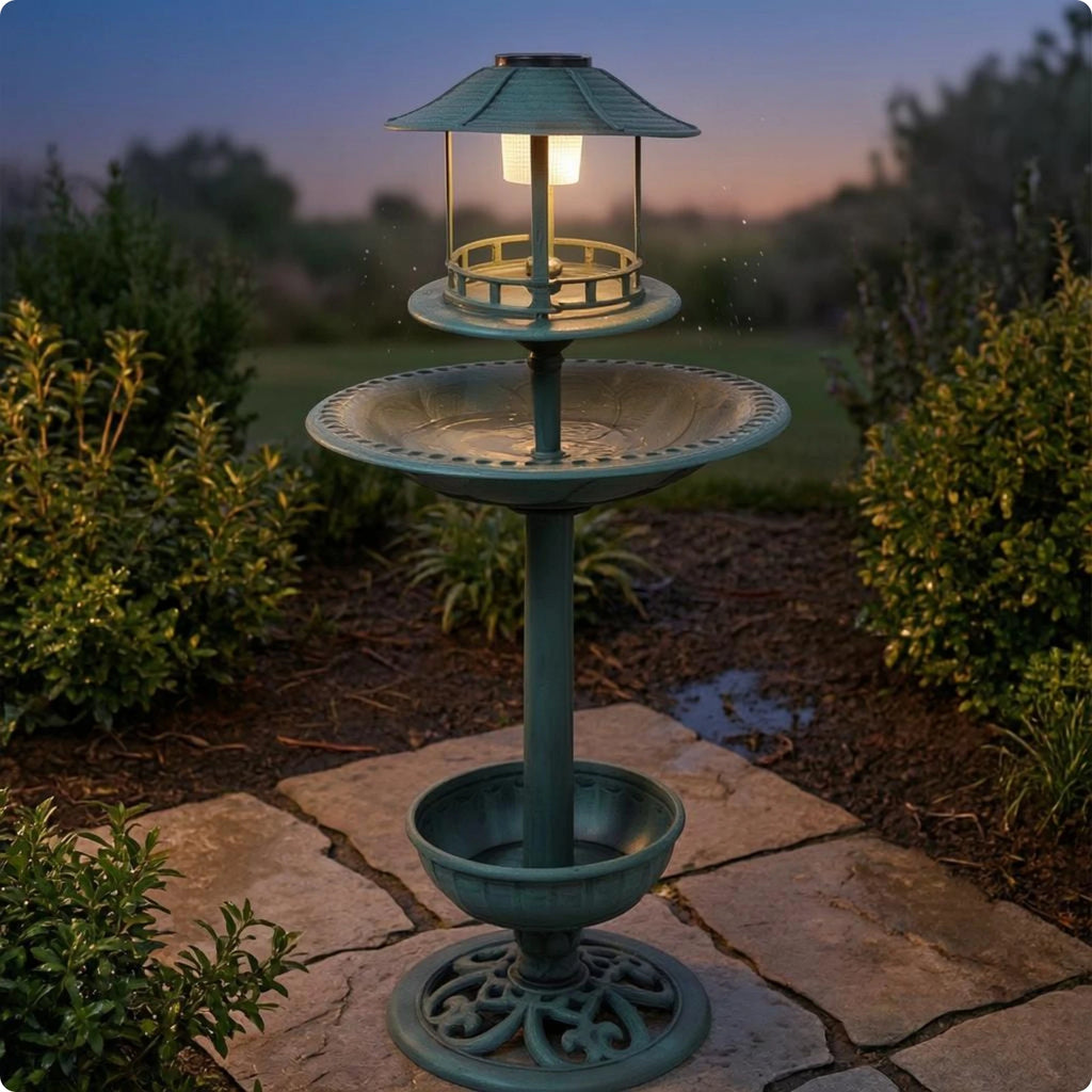 Decorative Birdbath Combo Scalloped Solar Bird Bath Garden Decor PP Plastic for Outdoor