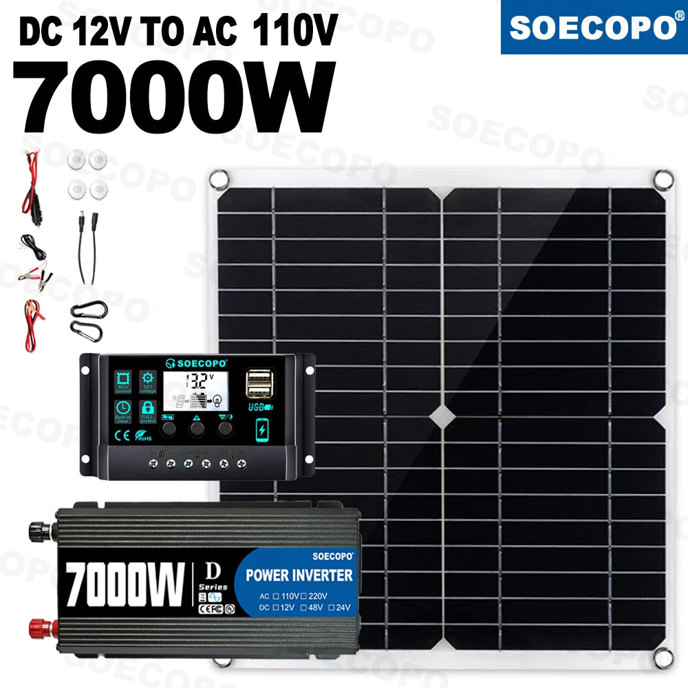 7000W Inverter Kit 12V 110V220V 300W Solar Panel 100A Controller & Battery Charger for Shed/Lighting/Camping, Easy Installation