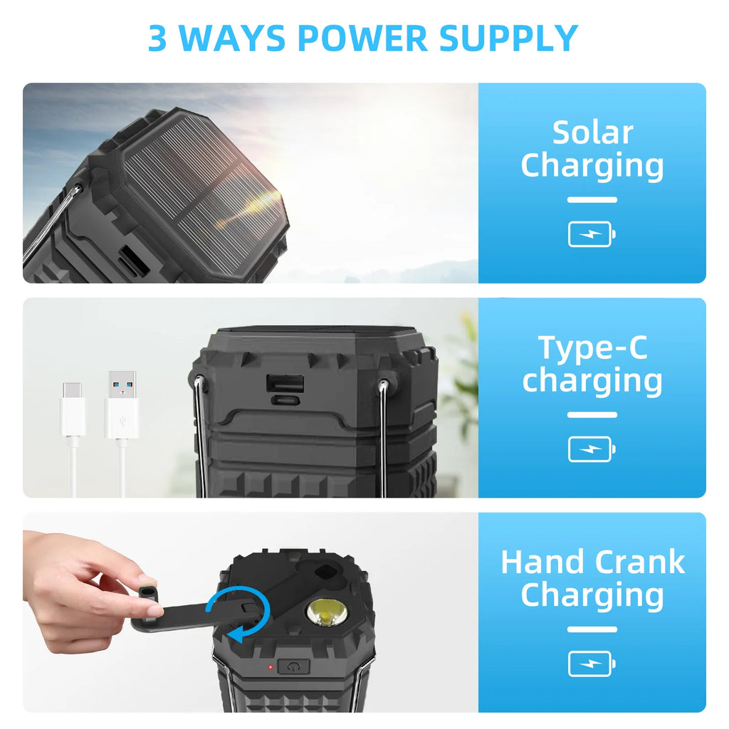 Waterproof Solar Power Bank 5000mAh with Hand Crank LED Camping Light Portable Charger Powerbank for iPhone 17 16 Samsung Xiaomi