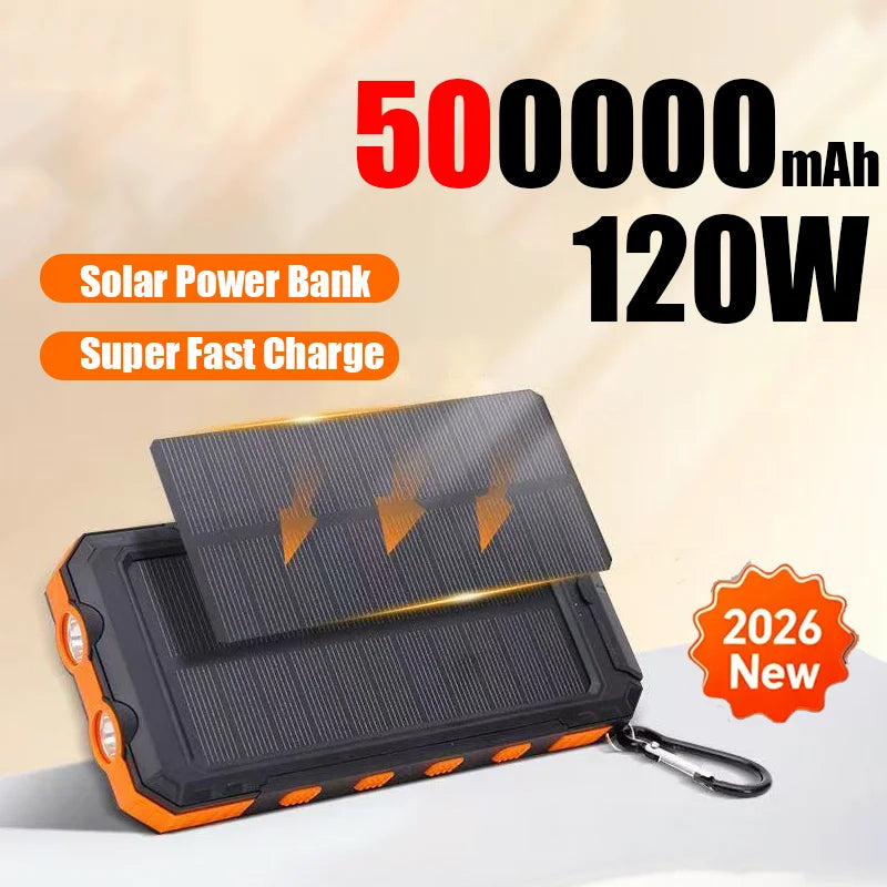 2026 500000mAh Large Capacity Solar Power Bank Portable External Battery Outdoor Camping Fast Charging For iPhone Samsung 2026