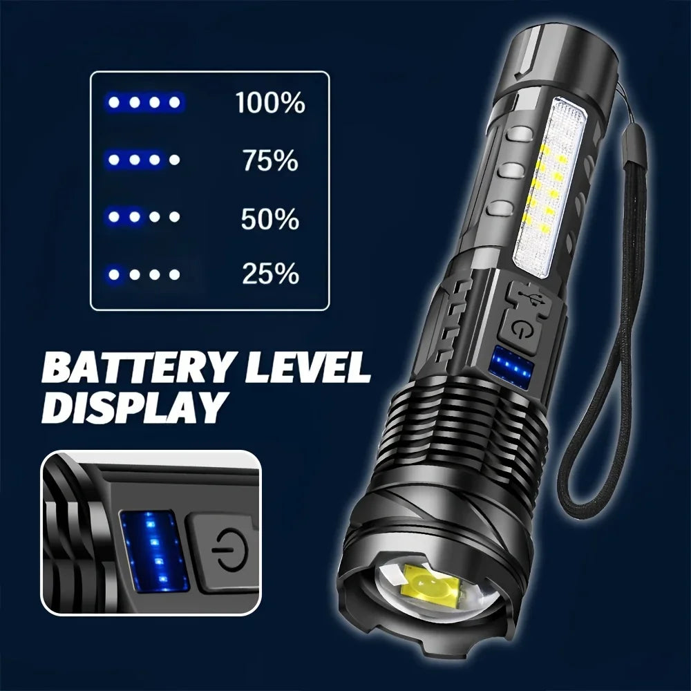 High-power Led Flashlight USB Rechargeable Torch with Display Zoomable Light with Battery Camping Hiking Lantern Emergency Lamp