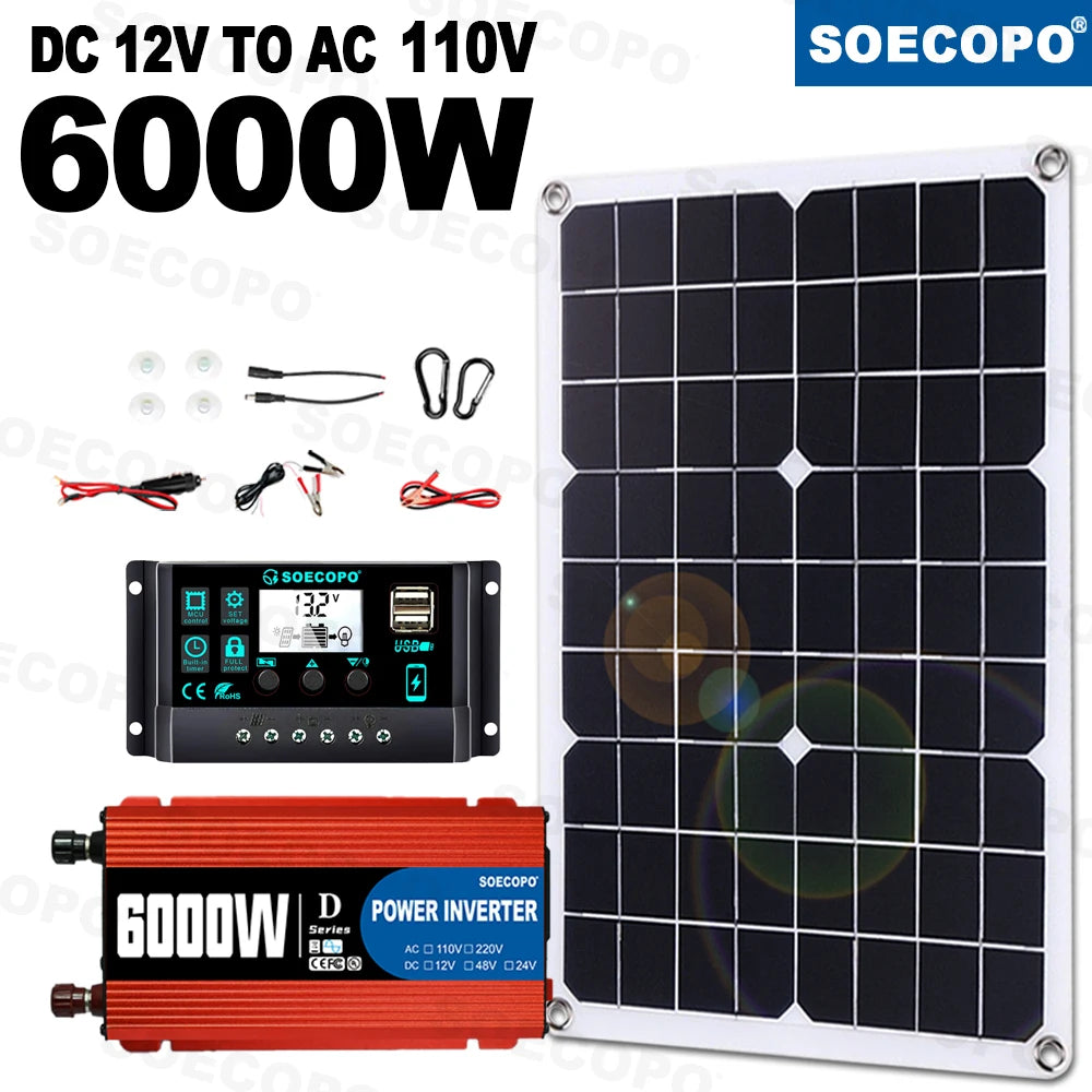 Complete Solar Kit-Solar Panel+650W/ 6000W Peak Inverter+Controller Plug&Play Off-Grid Power for Home& RV Energy Station