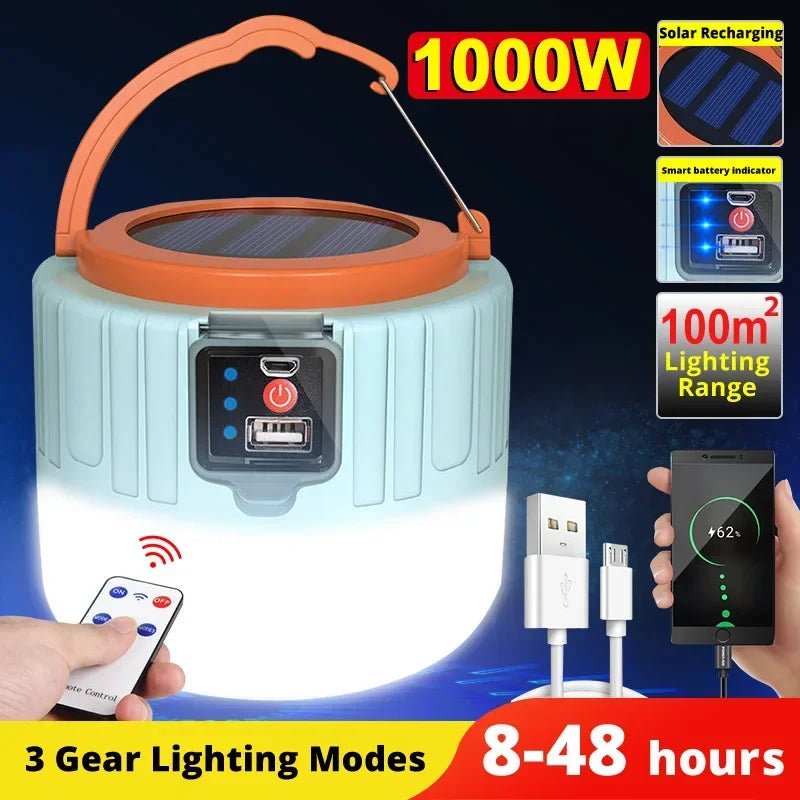 LED Solar Camping Light Power Bank Camping Lanterns With Remote Control Waterproof Outdoor Tent Light Rechargeable Flashlight
