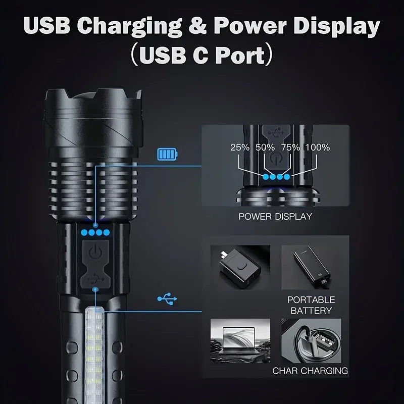 Powerful LED Flashlight Battery Display USB Rechargeable Light Telescopic Zoom Torch Lamp Outdoor Camping Fishing Lantern