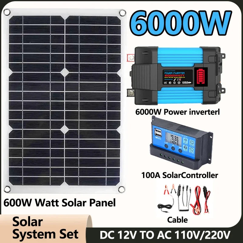 600W Solar Panel with 6000W Inverter 12V to 110V 220V Power Generation System for Home Car Outdoor Mobile Phone Charging USB