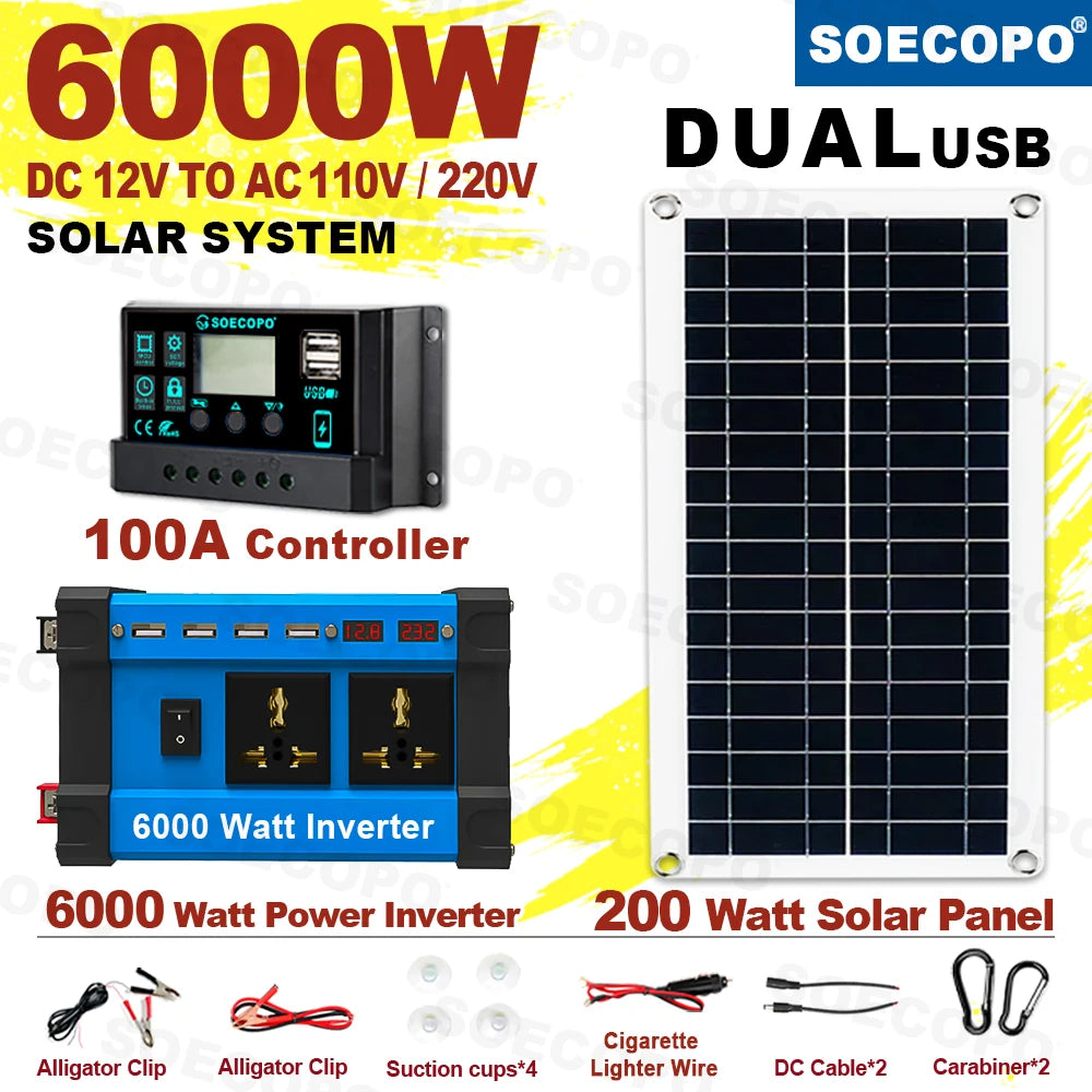 Solar System 6000W Complete Kit 12V to 220V 100A Controller 200W Panel Solar Power Generator for Home/Camping Backup Battery