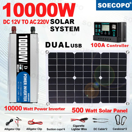 10000W/1100W Solar System DC12V to 220V Off-Grid Inverter System 100A Controller 500W Panel Inverter for Home RV Camping CE