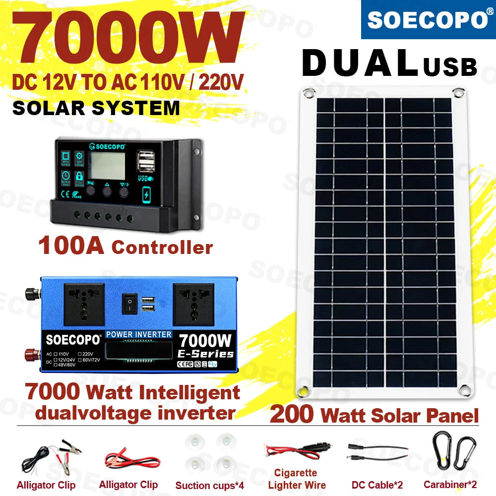 7000W Solar Power System Complete Kit Dual12V24V to 110V/220V 100A Controller 200W Panel Off-Grid System for Home/Camping Backup