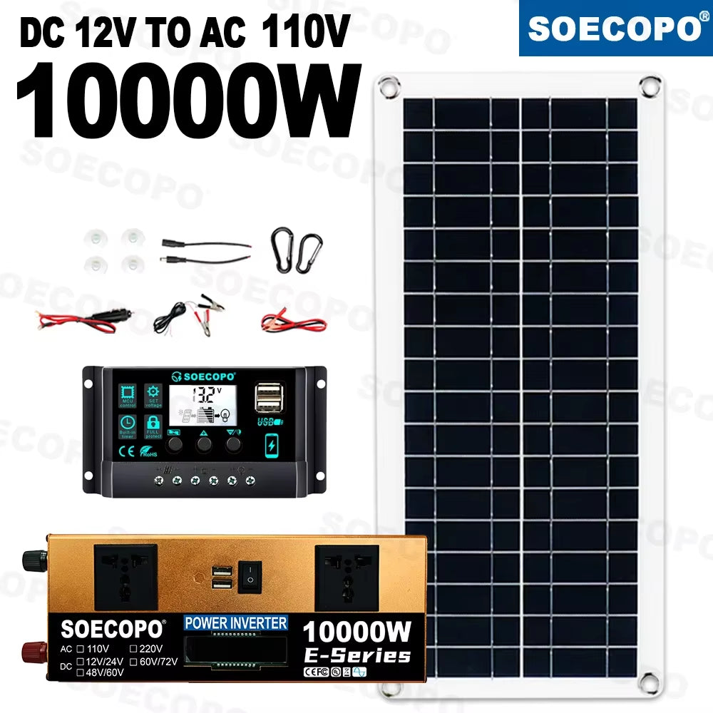 10000W Solar System Complete Kit Dual12V/24V to 110V/220V Inverter 100A Controller 200W Panel Off-Grid for Home/Camping Backup