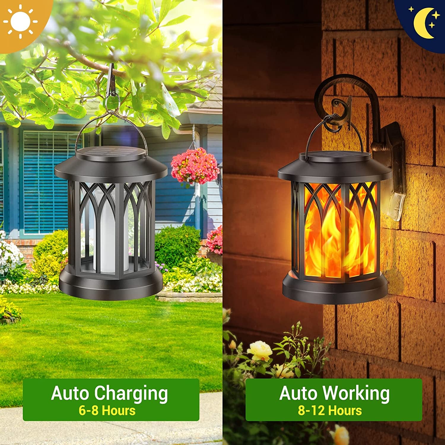 Hanging Solar Lights Lantern Outdoor, Flickering Flames Solar Outdoor Lights, Solar Lanterns Outdoor Waterproof with Bigger Panel, Lanterns Decorative Outdoor for Yard Garden Decor, 2 Pack