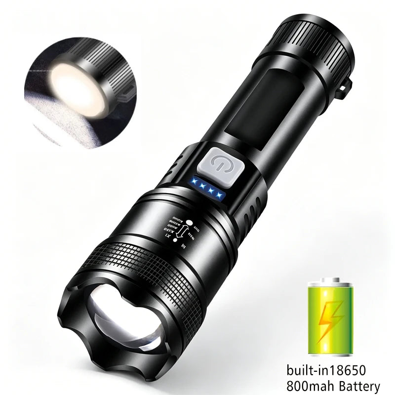 Powerful LED Flashlight Battery Display USB Rechargeable Light Telescopic Zoom Torch Lamp Outdoor Camping Fishing Lantern