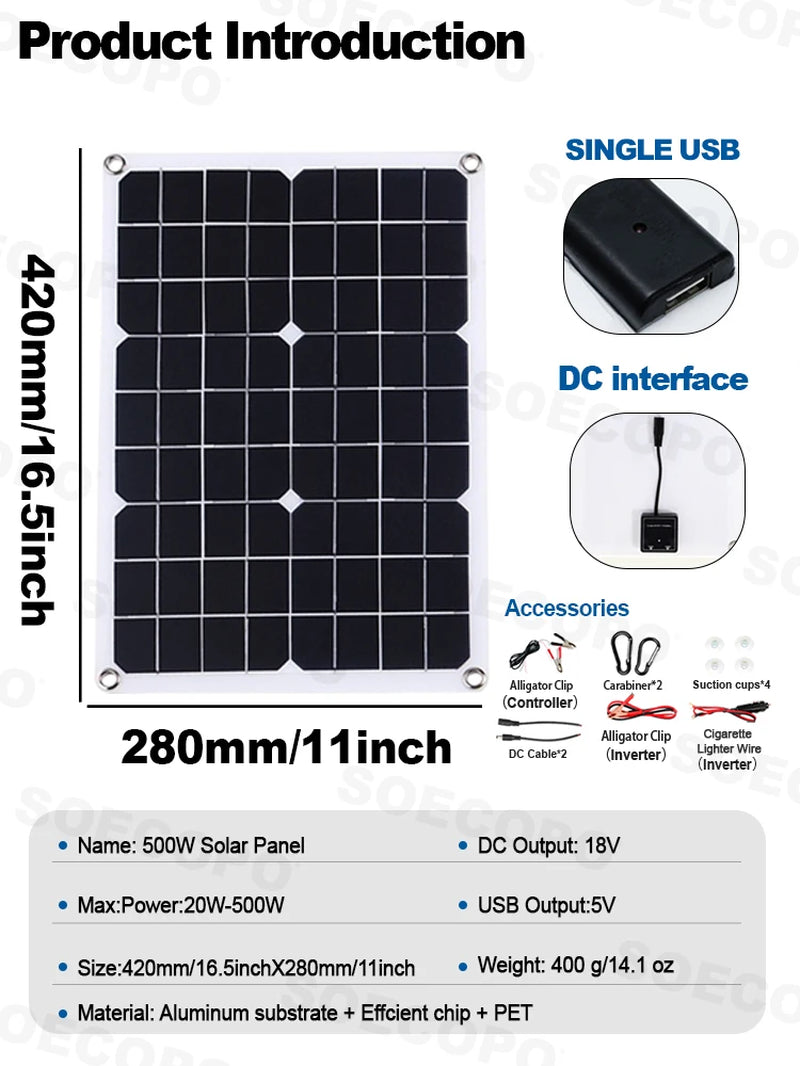 Complete Solar Kit-Solar Panel+650W/ 6000W Peak Inverter+Controller Plug&Play Off-Grid Power for Home& RV Energy Station
