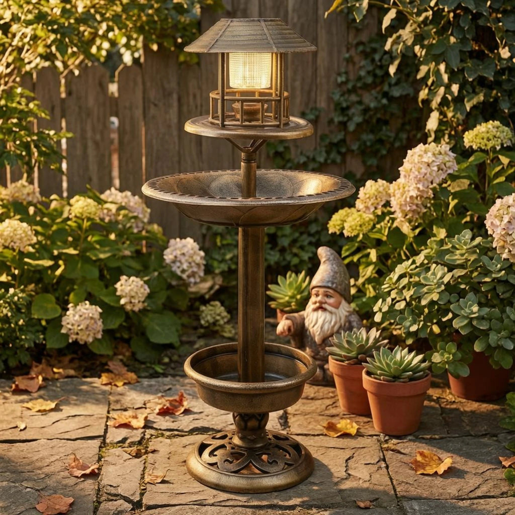Decorative Birdbath Combo Scalloped Solar Bird Bath Garden Decor PP Plastic for Outdoor