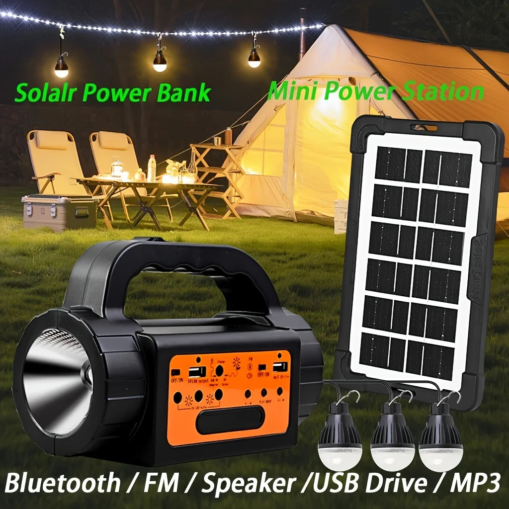 Solar Rechargeable Camping Lights Outdoor, Powered Portable LED Camping Lantern, Mini Power Station, Solar Kit Lighting System, Generator, Power Bank, Torch Flash Flood Search Emergency Light with USB Speaker FM MP3 Drive 3 Led Bulbs