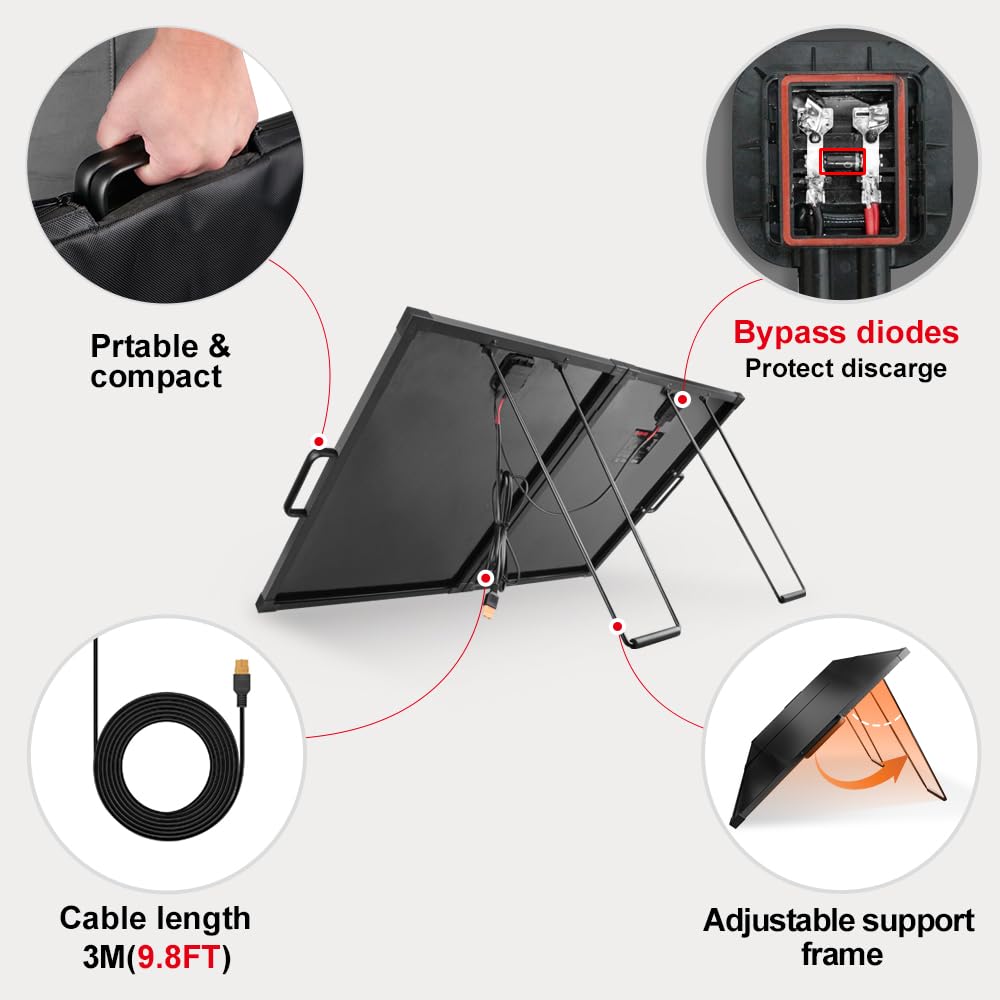 DOKIO 100W 12V Portable Solar Panels Suitcase with Waterproof 10A Charge Controller, Foldable 100 Watt Solar Panel W/Adjustable Kickstand, Solar Charger for Power Station, RV, Camping, SUV, Off Grid
