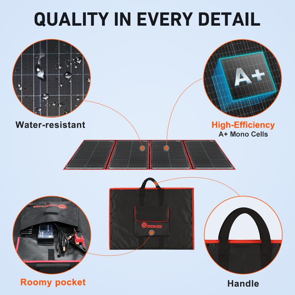 DOKIO 300W Portable Foldable Solar Panel Kit (20x38in, 15.3lb), with Separate Controller and Dual USB, Monocrystalline Charger for 12V Batteries & Power Stations, RV Camping Trailer Emergency Backup
