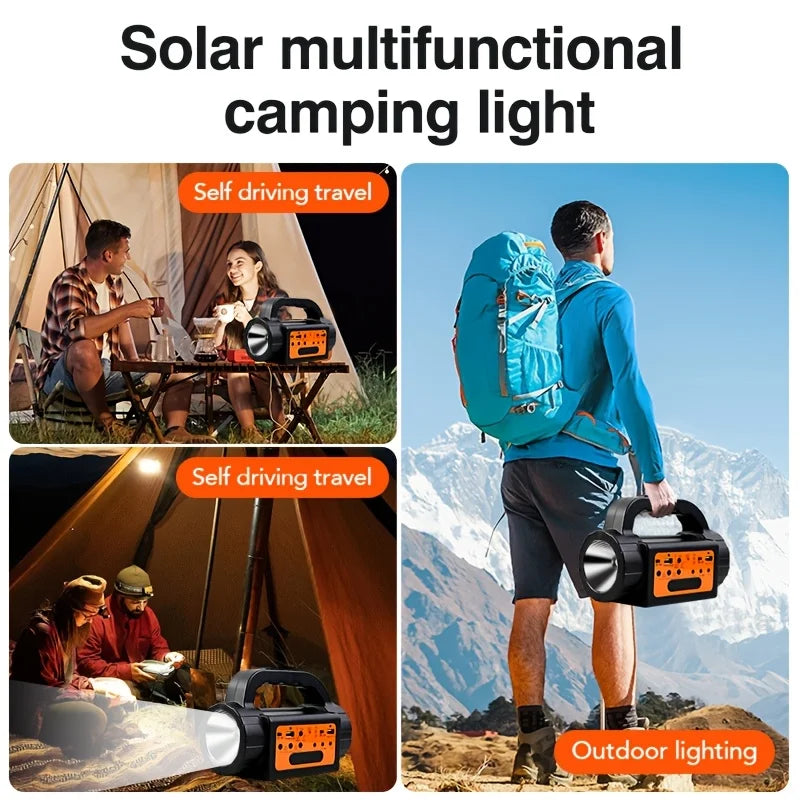Solar Rechargeable Camping Lights Outdoor, Powered Portable LED Camping Lantern, Mini Power Station, Solar Kit Lighting System, Generator, Power Bank, Torch Flash Flood Search Emergency Light with USB Speaker FM MP3 Drive 3 Led Bulbs