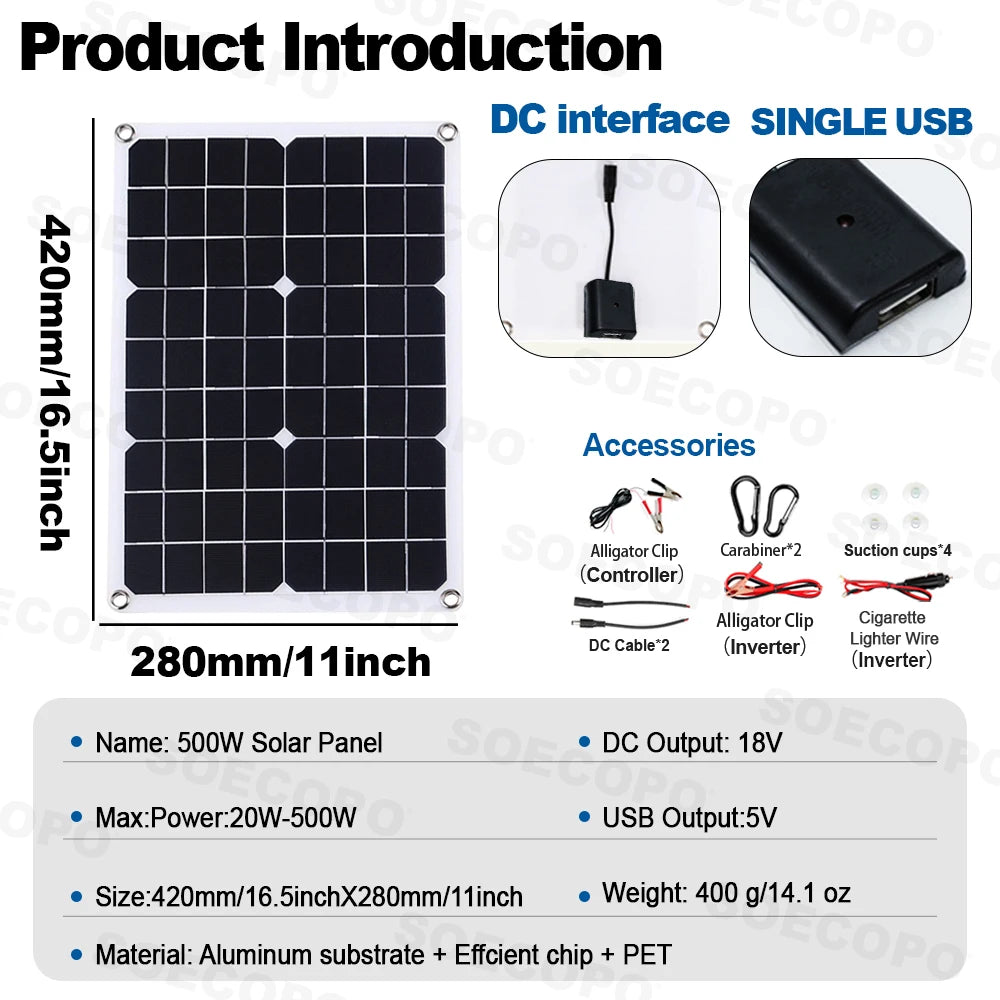 10000W Solar Kit 500W Panel 100A MPPT Controller DC Cable 12V/24V to 220V/110V Inverter for Camping Emergency CE Certified