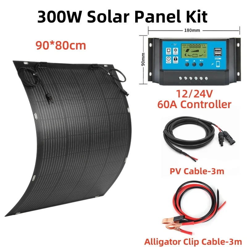 300W Flexible Solar Panel 18V Flexible Solar Cell Battery Charger Solar Plate With/No 60A Controller for Outdoor Camping RV Boat