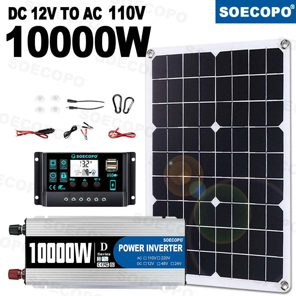 10000W/1100W Solar System DC12V to 220V Off-Grid Inverter System 100A Controller 500W Panel Inverter for Home RV Camping CE