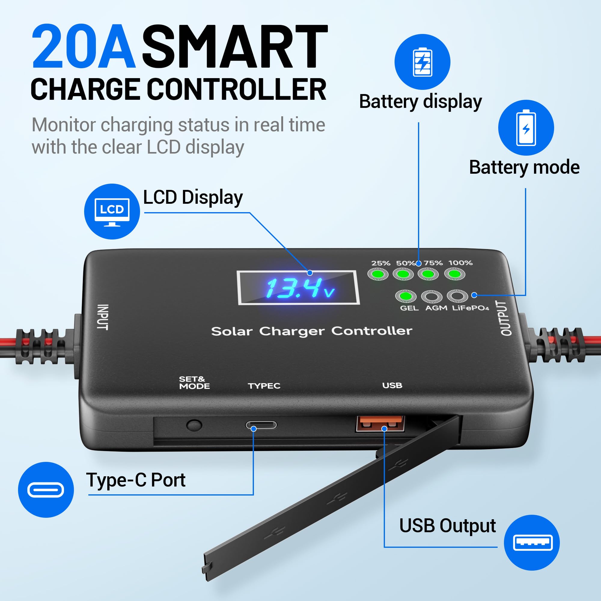 Voltset 12V Solar Battery Charger - 20W Waterproof Solar Panel Kit with Smart MPPT Controller - Trickle Charger Maintainer for Car RV Boat Marine Trailer Automotive Trailer Truck Motorcycle
