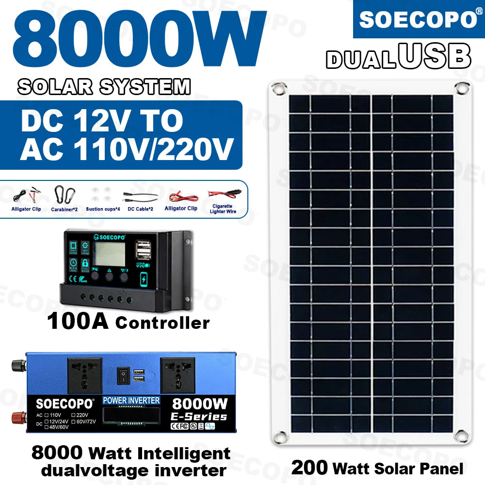 SOECOPO 8000W Solar System Kit 200W Panel 100A Controller Intelligent Dual Voltage Inverter DC 12V 24V to AC 110V 220V for Home