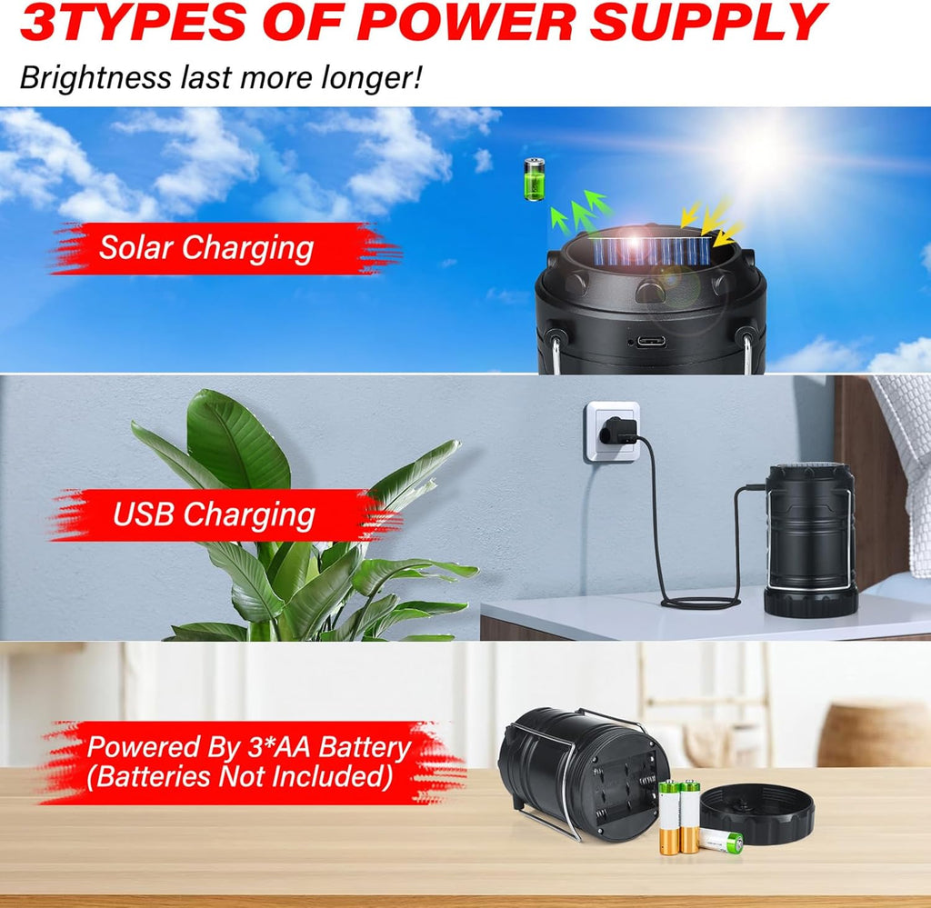 Wsky Solar Camping Lantern 4-Pack - Rechargeable LED Lights, Magnetic Base & Foldable Hanging Hook- Collapsible Lamp Battery Powered Perfect for Power Outages, Hiking, Campsites, Emergencies