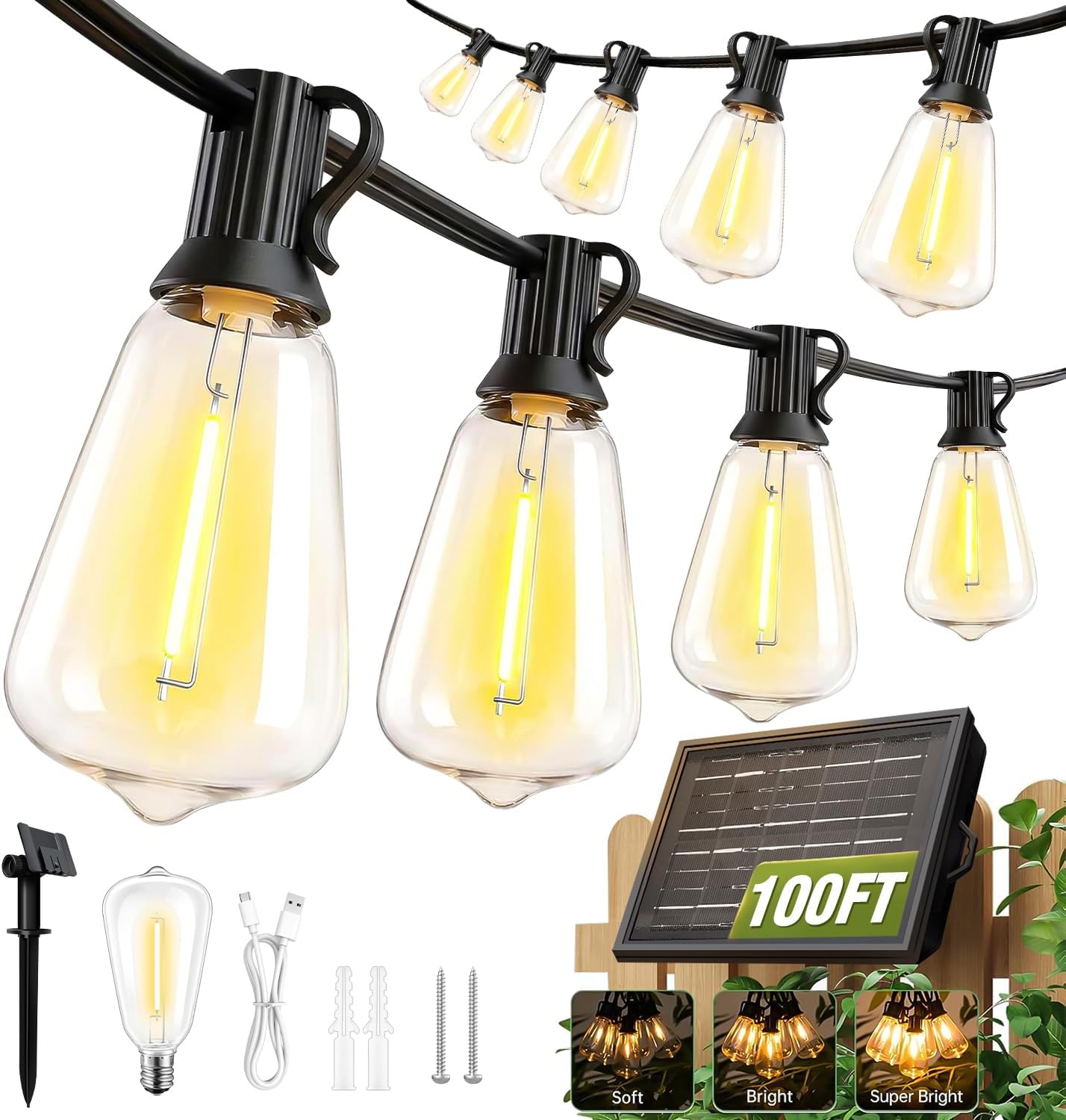 100FT Solar String Lights Outdoor Waterproof with Remote & Timer, LED Shatterproof ST38 Bulbs, USB & Solar Powered Patio Lights for Backyard, Porch, Garden, Wedding Decor, Dusk to Dawn Lighting