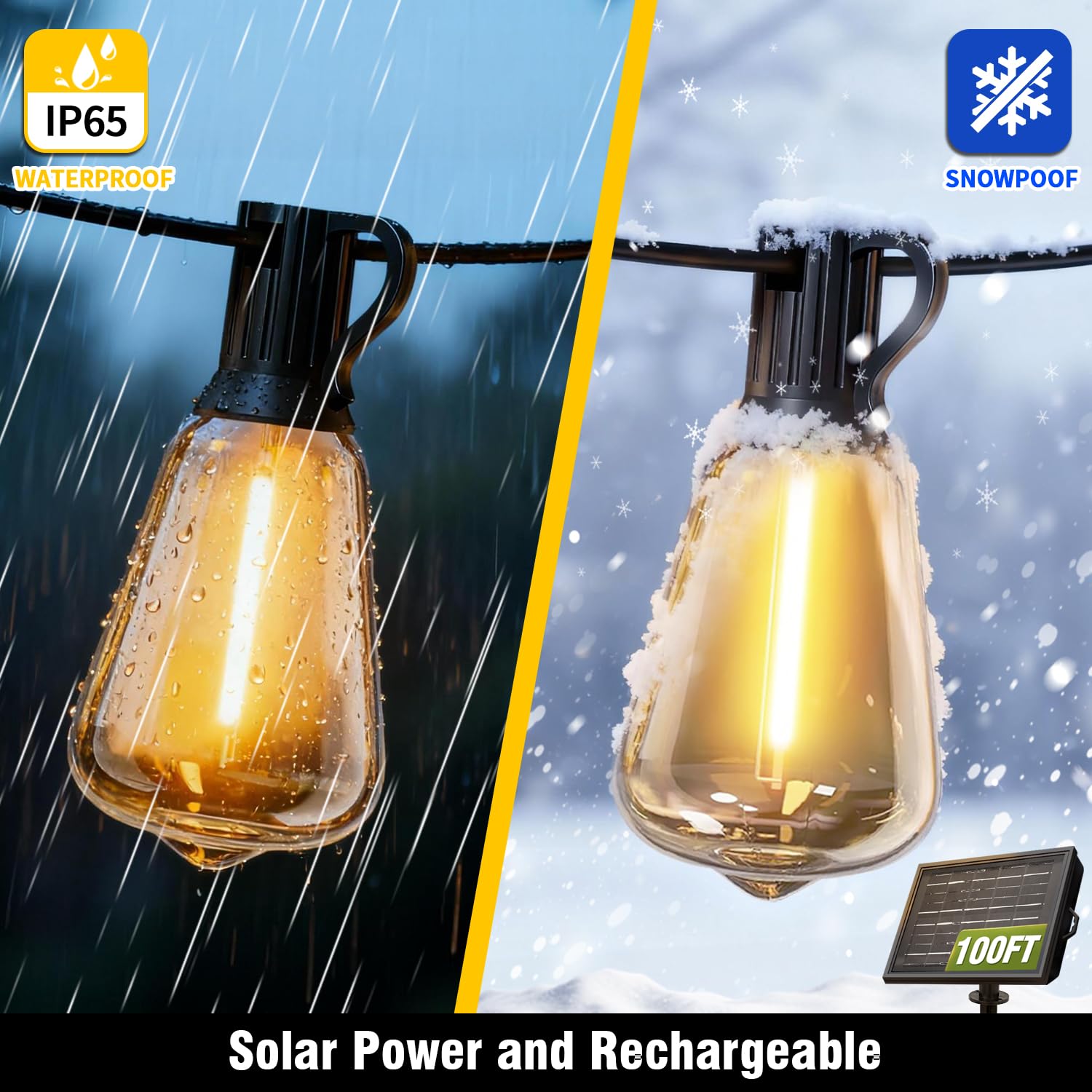 100FT Solar String Lights Outdoor Waterproof with Remote & Timer, LED Shatterproof ST38 Bulbs, USB & Solar Powered Patio Lights for Backyard, Porch, Garden, Wedding Decor, Dusk to Dawn Lighting