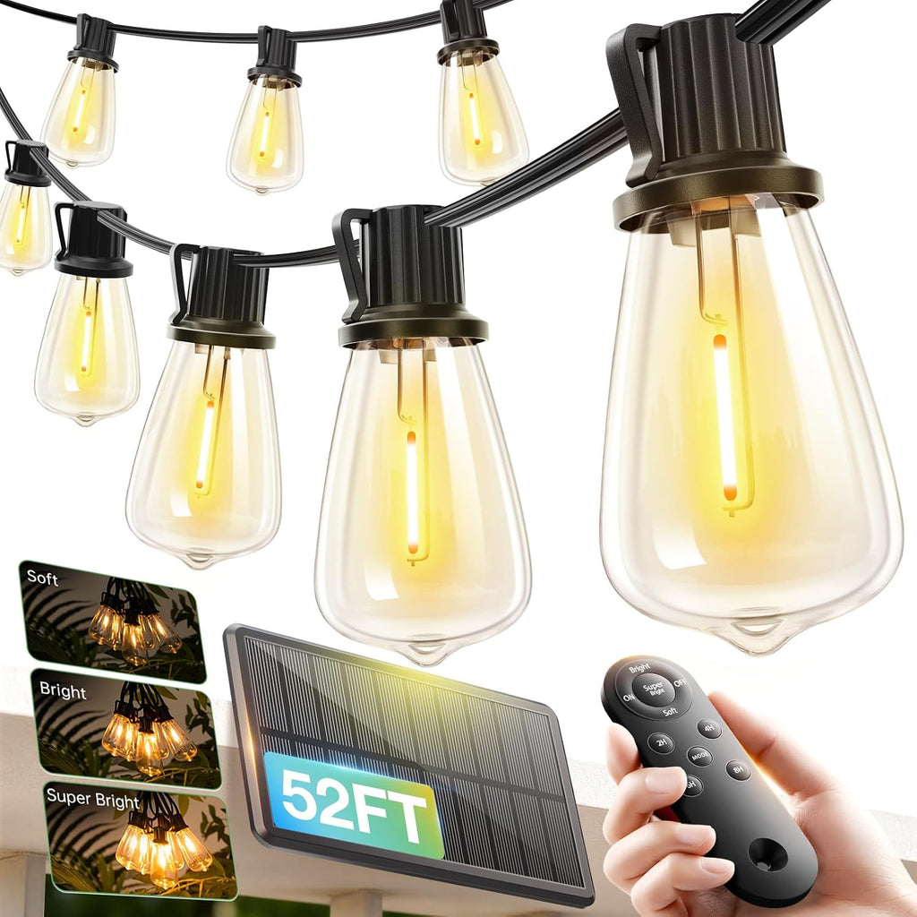 addlon 52(48+4) FT Solar String Lights Waterproof, Remote Dimmable 16+1 LED | Patio Lights Solar Powered with USB Port, Shatterproof Bulbs, 3 Light Modes, Timable Solar Light for Camping Backyard Garden