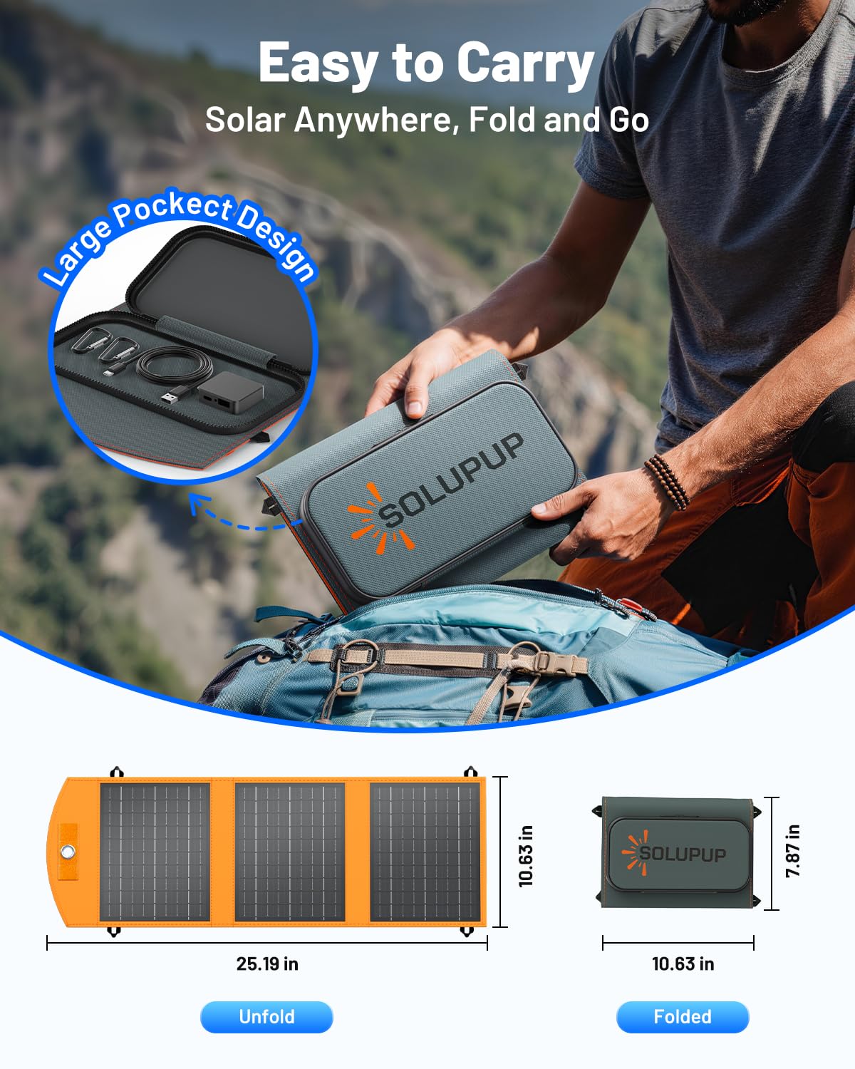 SOLUPUP Solar Panels 30W Portable Foldable Solar Charger with 5V USB-A and USB-C Fast Charging Compatible with iPhone, iPad, Samsung, Power Banks, IPX5 Waterproof Perfect for Camping, Hiking, Outdoor