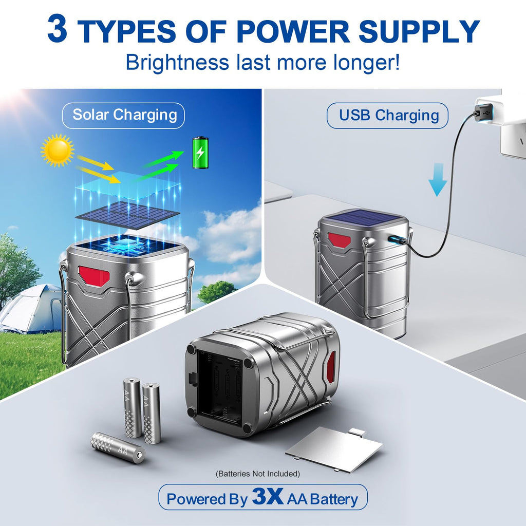 LETMY 4 Pack Camping Lantern, Rechargeable LED Lanterns, Solar Lantern Battery Powered Hurricane Lanterns Flashlight with 3 Powered Ways & USB Cable for Emergency, Power Outage, Hurricane Supplies
