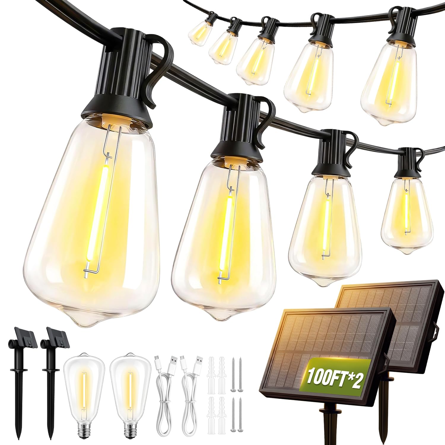 100FT Solar String Lights Outdoor Waterproof with Remote & Timer, LED Shatterproof ST38 Bulbs, USB & Solar Powered Patio Lights for Backyard, Porch, Garden, Wedding Decor, Dusk to Dawn Lighting