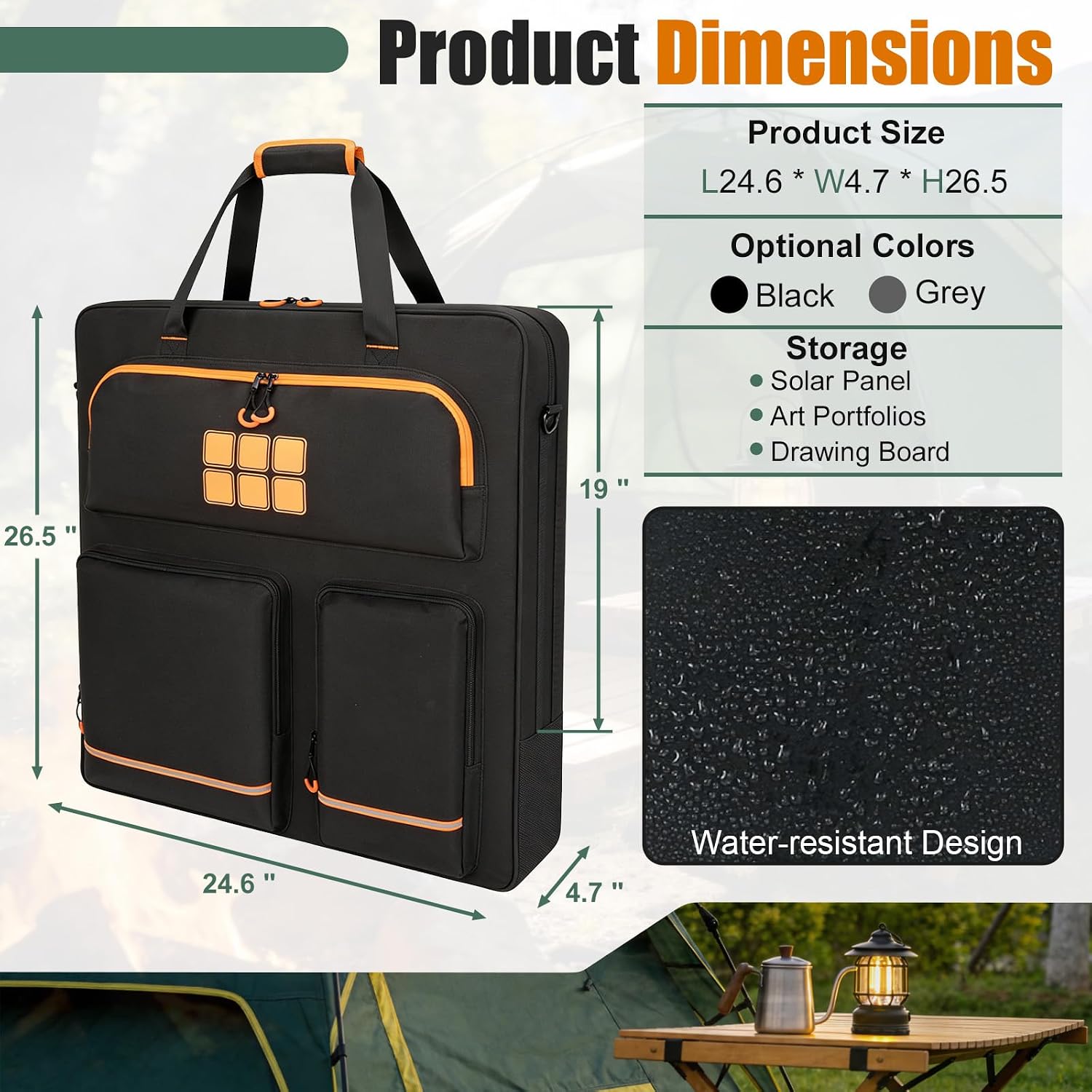 Solar Panel Storage Bag Fit for New Jackery SolarSaga 200W 100W | Orange Lining, Deepened Opening, Zipper with Pull, Multi-Accessory Space, Solar Panel Travel Carrying Case, Black
