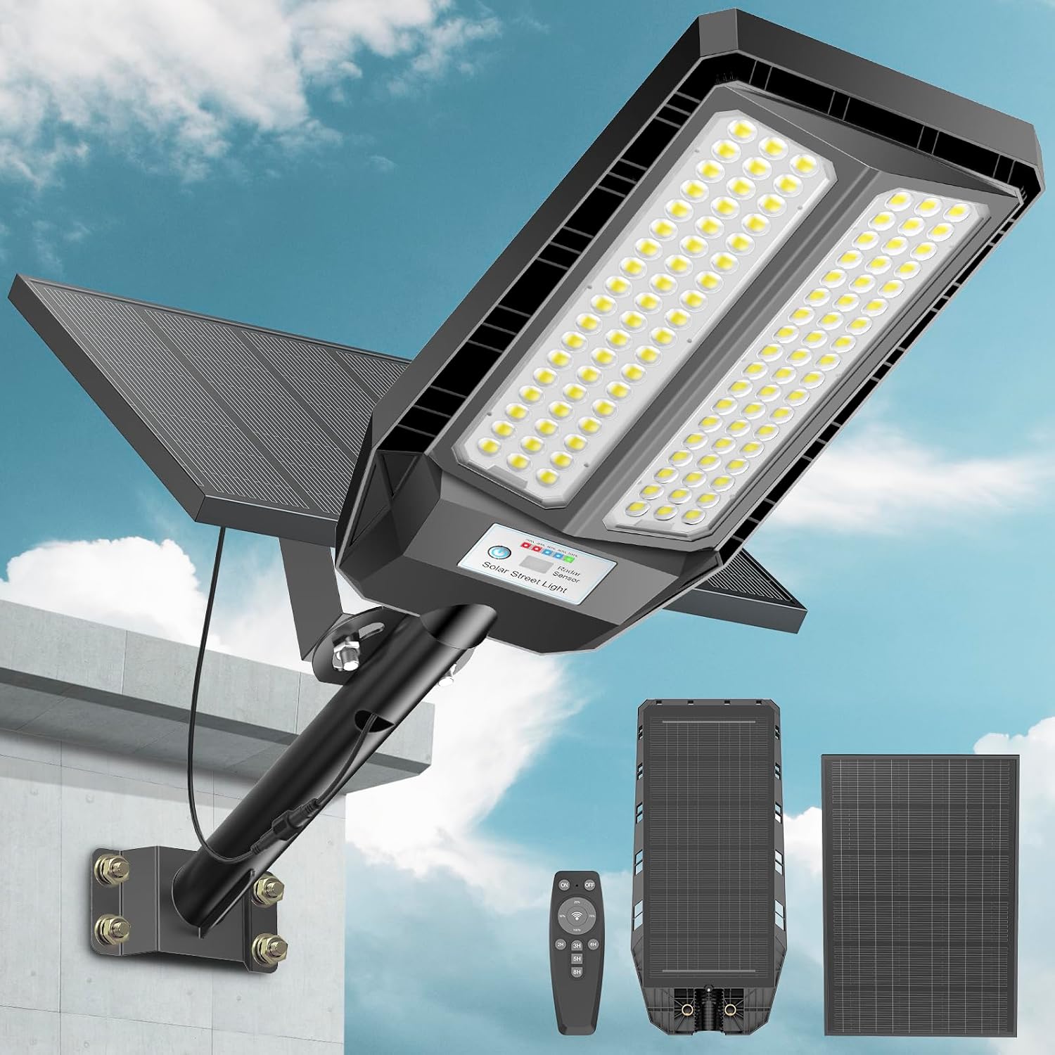 VOOJOY 9000W Solar Street Lights Outdoor, 7000K Solar Light Outdoor LED Street Light Dusk to Dawn, LED Wide Angle Lamp with Motion Sensor and Remote Control for Parking Lot, Yard