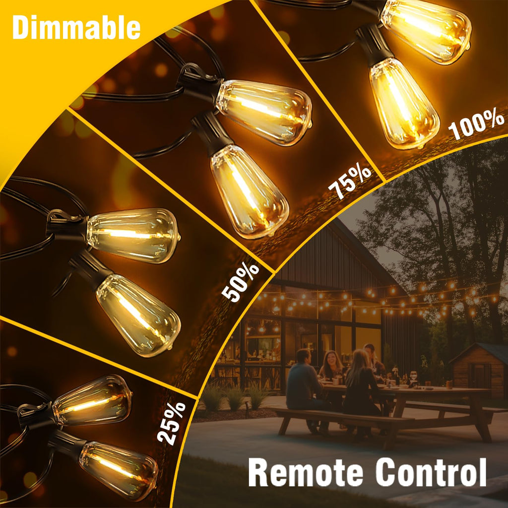 100FT Solar String Lights Outdoor Waterproof with Remote & Timer, LED Shatterproof ST38 Bulbs, USB & Solar Powered Patio Lights for Backyard, Porch, Garden, Wedding Decor, Dusk to Dawn Lighting