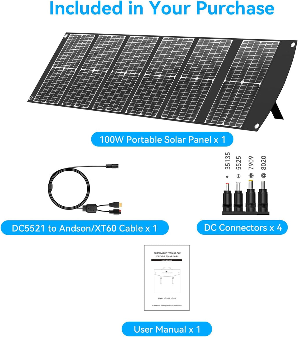 100W Portable Solar Panel CPC Material USB-C PD3.0 & 20V DC XT60 Anderson | Lightweight, Foldable, USB-A/C Fast Charging, 3m DC Cable, IP65 Waterproof for Camping, Power Station, Generator, Cell Phone