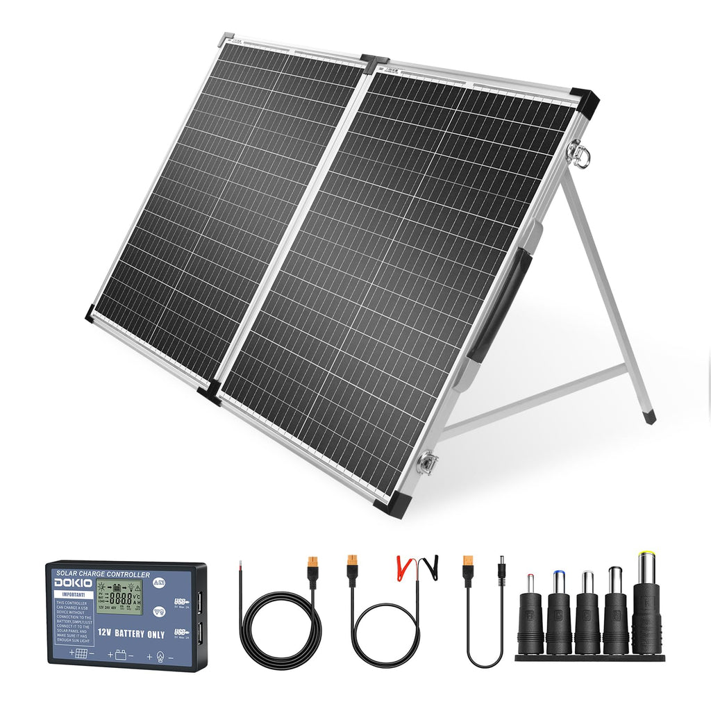 DOKIO 100W 12V Portable Solar Panels Suitcase with Waterproof 10A Charge Controller, Foldable 100 Watt Solar Panel W/Adjustable Kickstand, Solar Charger for Power Station, RV, Camping, SUV, Off Grid