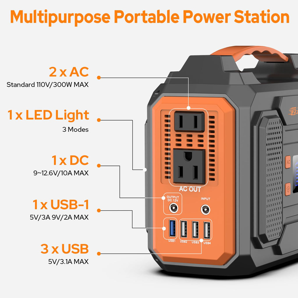 Portable Solar Generator, 300W Portable Power Station with Foldable 60W Solar Panel,110V Pure Sine Wave 280Wh Battery Power Pack with USB DC AC Outlet for Camping Smart Devices RV Van Outdoor-Orange