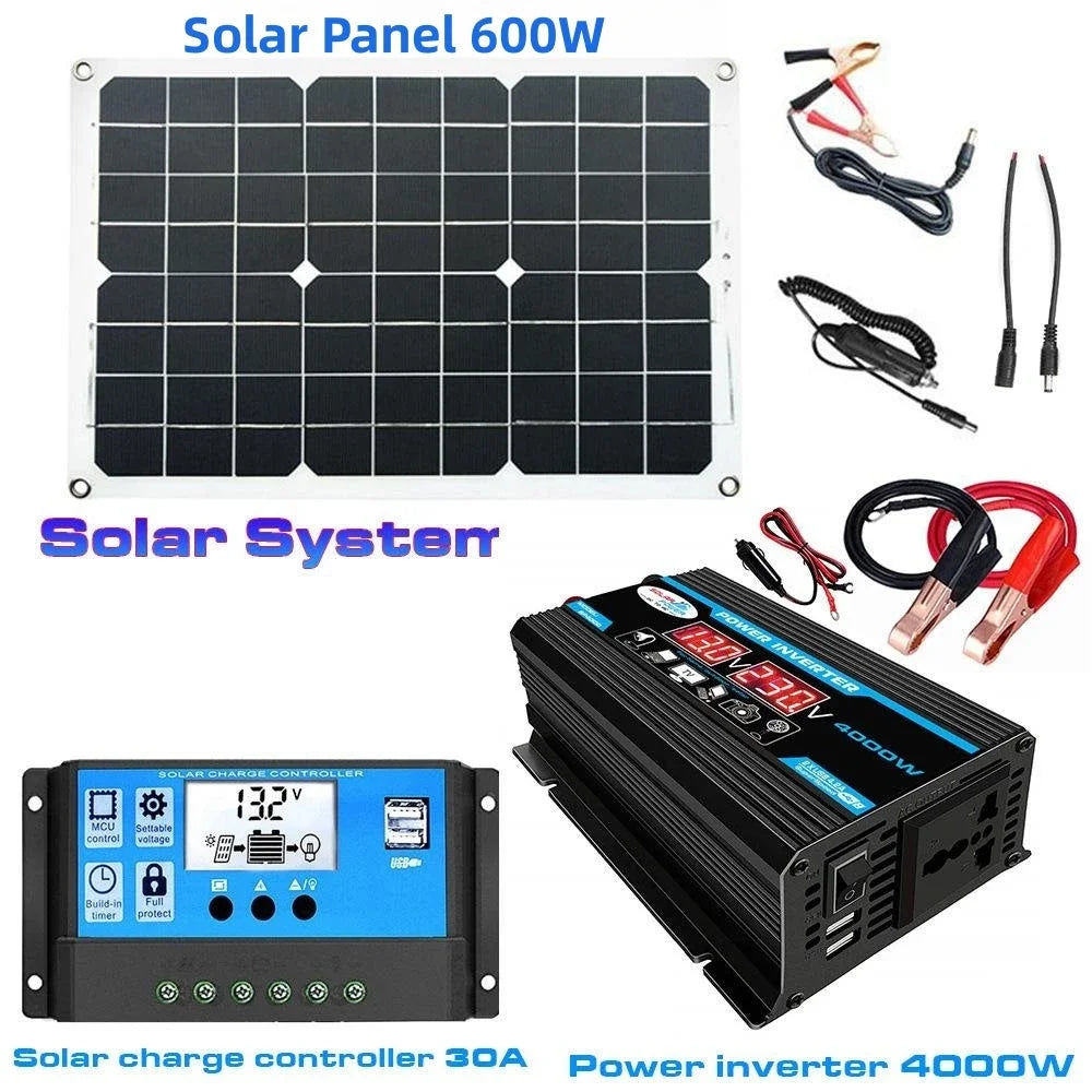 600W Solar Panel with 6000W Inverter 12V to 110V 220V Power Generation System for Home Car Outdoor Mobile Phone Charging USB