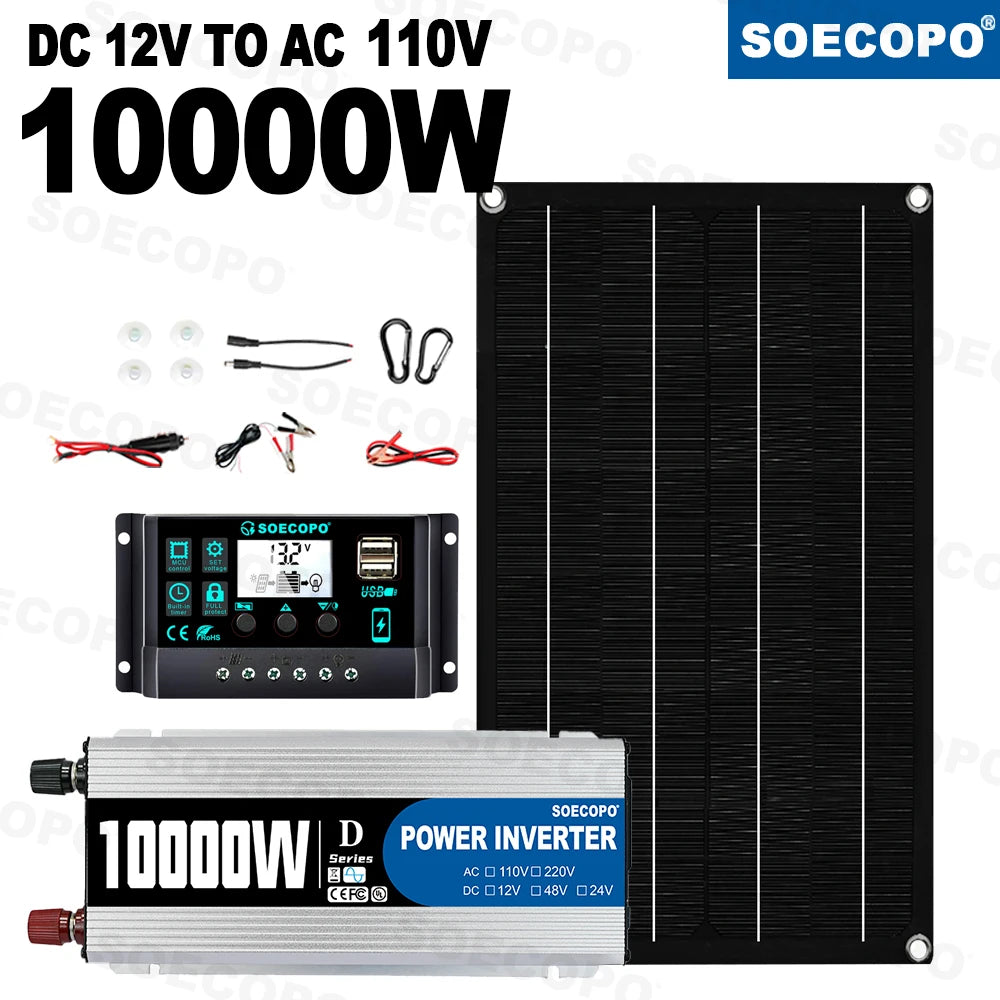 10000W Off-Grid Solar Energy System 800W Panel 12V/24V -220V Inverter 100A Charge Controller for House/Rv/Emergency Power Backup