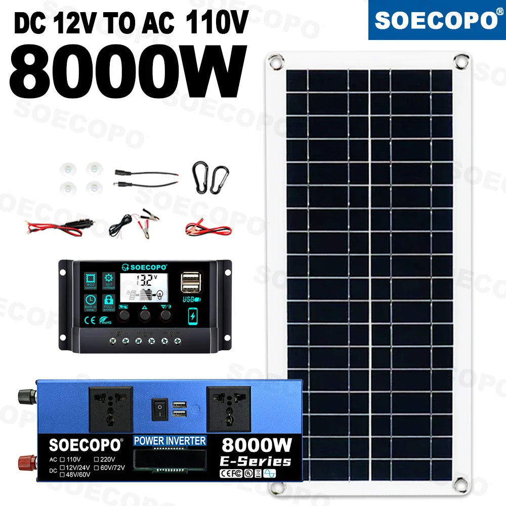 SOECOPO 8000W Solar System Kit 200W Panel 100A Controller Intelligent Dual Voltage Inverter DC 12V 24V to AC 110V 220V for Home