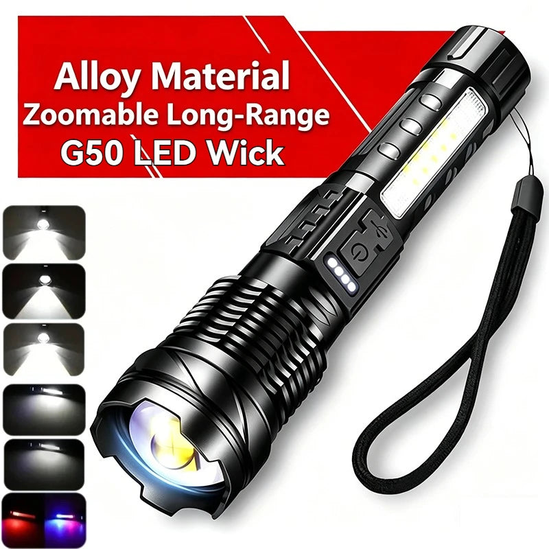 High-power Led Flashlight USB Rechargeable Torch with Display Zoomable Light with Battery Camping Hiking Lantern Emergency Lamp