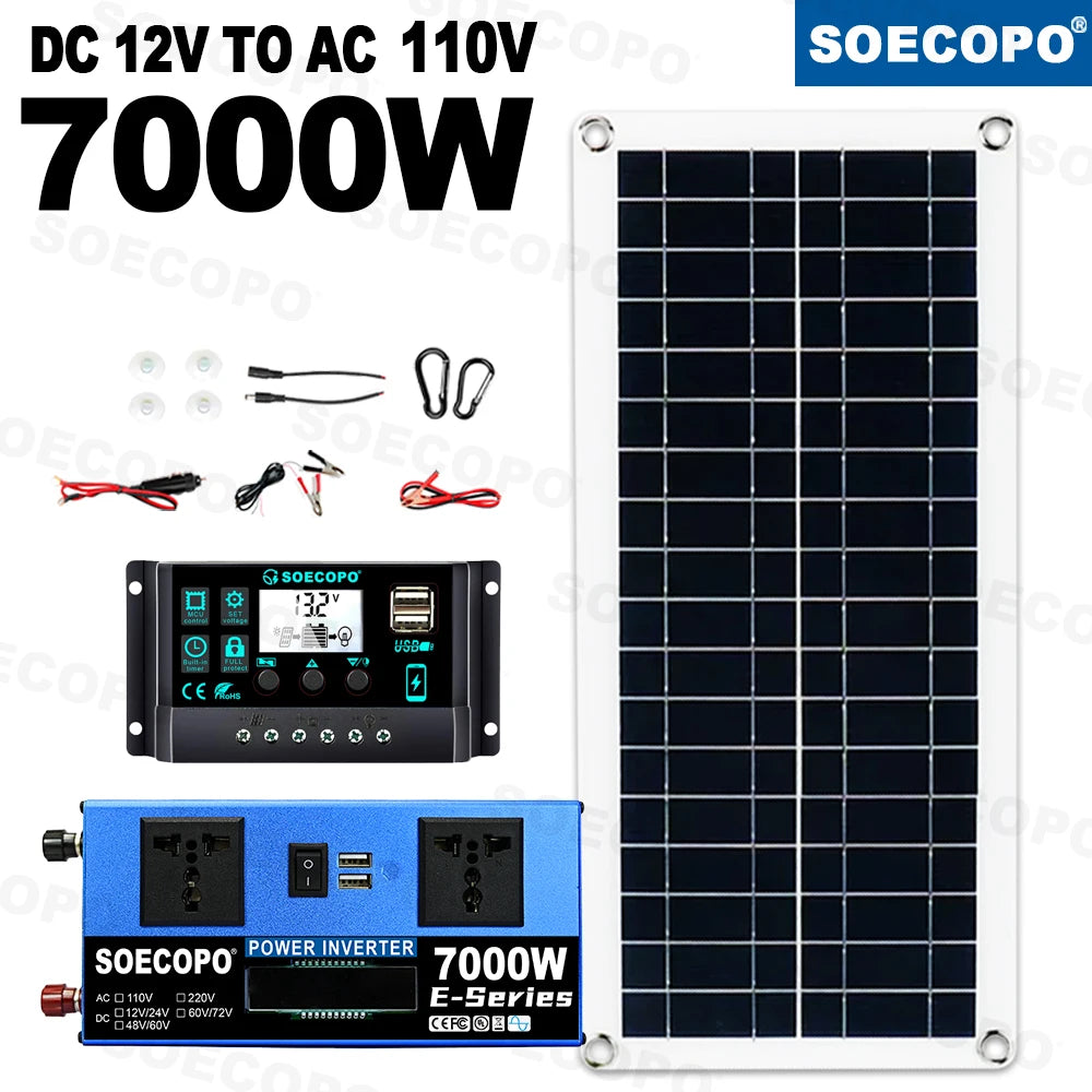 7000W Solar Power System Complete Kit Dual12V24V to 110V/220V 100A Controller 200W Panel Off-Grid System for Home/Camping Backup