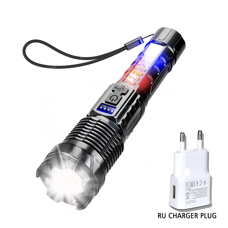 High-power Led Flashlight USB Rechargeable Torch with Display Zoomable Light with Battery Camping Hiking Lantern Emergency Lamp